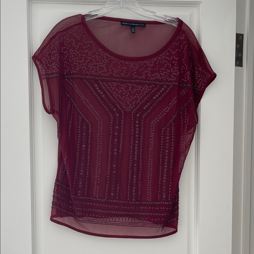 White House Black Market Burgundy Sheer sequined and beaded Blouse